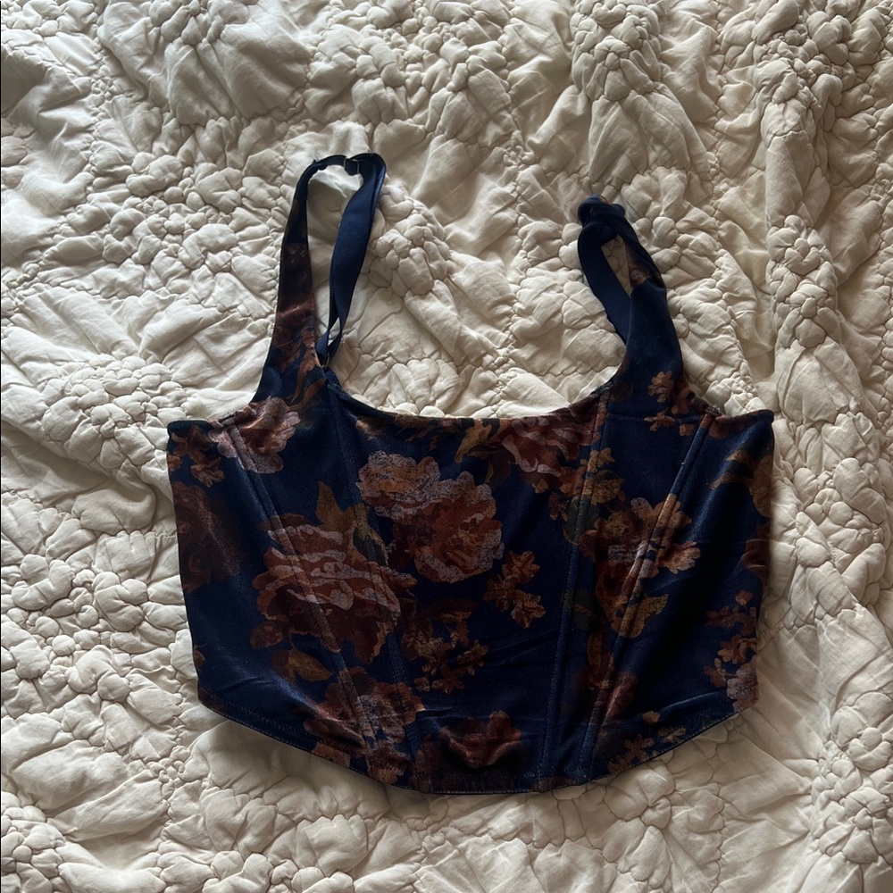Joyfolie Navy and Brown Floral Velvet Tank Top